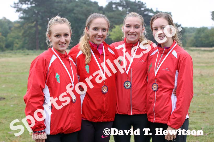 Aldershot Farnham and District winners of the senior womens 4 stage relay, from left to right: Lillian Partridge, Emelia Gorecka, Louise Small and Stephanie Twell at the ERRA Mens 6 and Womens 4 Stage Road Relays, Sutton Park, Birmingham Road Relays.
